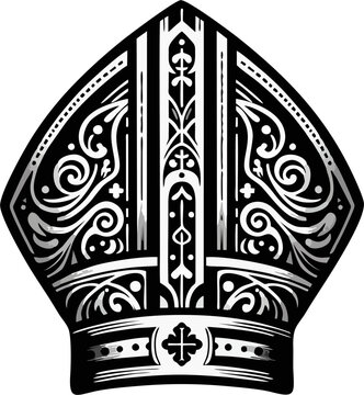 Baroque Ornate Bishop Mitre Hat Vector, Catholic Clergy Headwear with Flourish and Cross