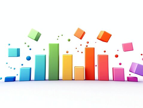 A vibrant 3D bar graph with bars of varying heights and colors, accompanied by floating cubes and spheres, against a clean white backdrop.