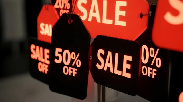 Rotating display of sale tags with 20% and 50% off discounts. Retail marketing for black friday and cyber monday shopping. - Powered by Adobe