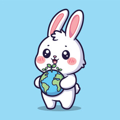Cute Bunny Vector Illustration Holding Earth Globe with Green Sprouts on Blue Background