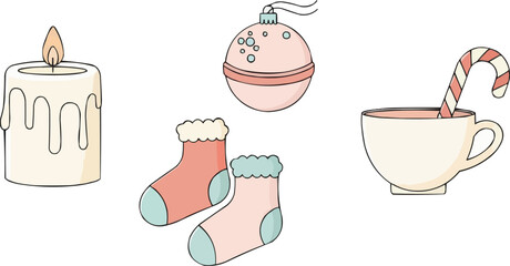 Minimalist self-care Christmas icons, cozy holiday candle, bath bomb ornament, fuzzy socks and warm tea cup with candy cane