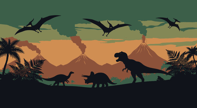 Dramatic prehistoric landscape featuring various dinosaur silhouettes, including T-Rex and Pterodactyls, against a backdrop of erupting volcanoes