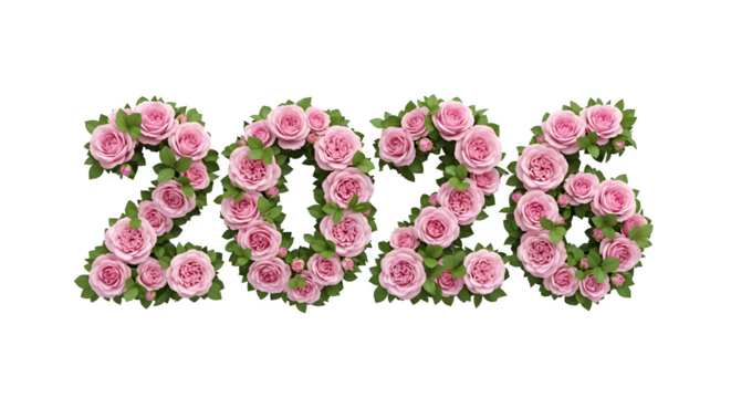 Pink roses form the year 2026 number arrangement isolated on transparent background
