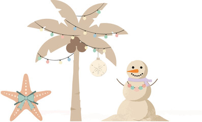 Coastal Christmas vector with palm tree lights, sandman snowman, starfish bow and sand dollar ornament for tropical holiday design