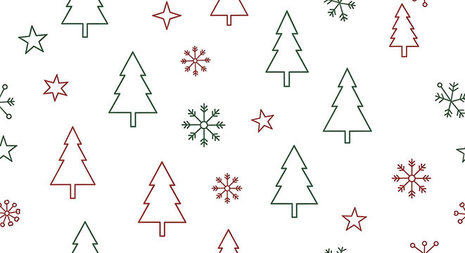 seamless christmas pattern | Minimalist Scandinavian Christmas pattern featuring simple line art trees, snowflakes, and stars in a festive red, white, and forest green color palette