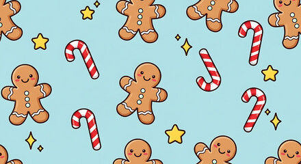 seamless pattern with funny monsters | Cute kawaii Christmas pattern with smiling gingerbread men, striped candy canes, and twinkling stars on a soft pastel blue background