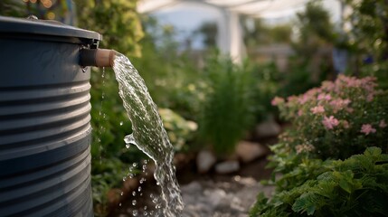 Naklejka premium Close-up of filtered rainwater flowing into barrel beside green garden of eco-home — eco engineering, self-sufficiency, and climate-resilient home living. cinematic color correction, natural uneven