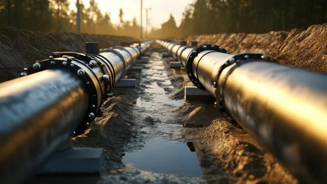 Pipeline Installation: An eye-level perspective showcases the parallel lines of industrial pipelines, reflecting the serene water in a trench. It symbolizes the infrastructure of progress.