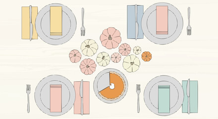 Minimalist Friendsgiving dinner table top-down view, vector illustration with pastel pumpkins, pie, table setting, autumn holiday meal