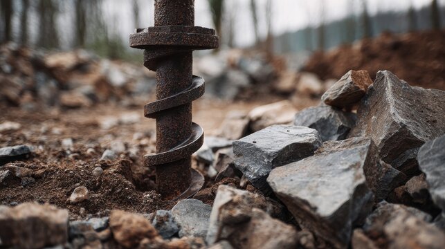 Eye-catching photo of closeup of a rusty auger drill bit digging into rocky soil outdoors Concept of geotechnical investigation, construction, and environmental engineering.
