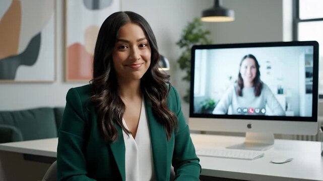 A woman in a green blazer smiles during a video call on a computer, art in background