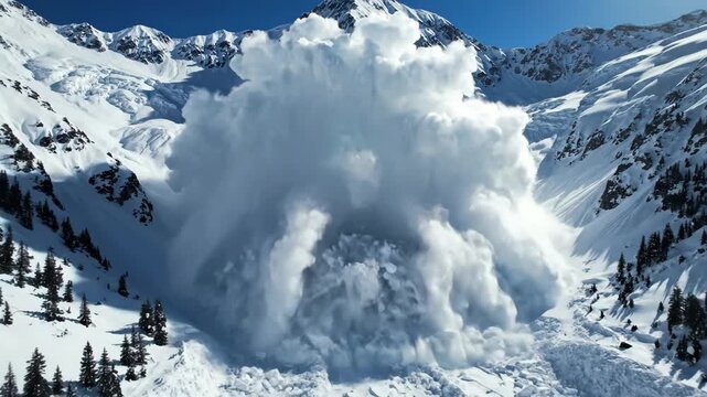 Avalanche in Snow Covered Mountain - A massive avalanche tumbles down a steep mountain slope, releasing a cloud of snow and ice into the valley.