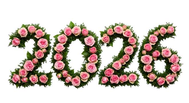 The year 2026 spelled out with delicate pink roses and green leaves isolated on transparent background