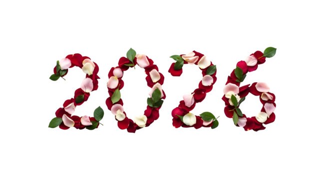 Floral numbers 2026 formed from red and white rose petals and green leaves isolated on transparent background