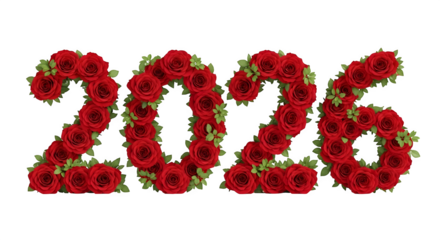 The year 2026 represented by vibrant red roses isolated on transparent background