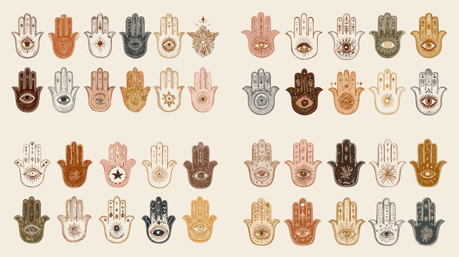 Boho hamsa hand icons with mystical eyes in earthy neutrals. Protective amulet illustrations for logos, stickers, prints, and spiritual decorative designs.