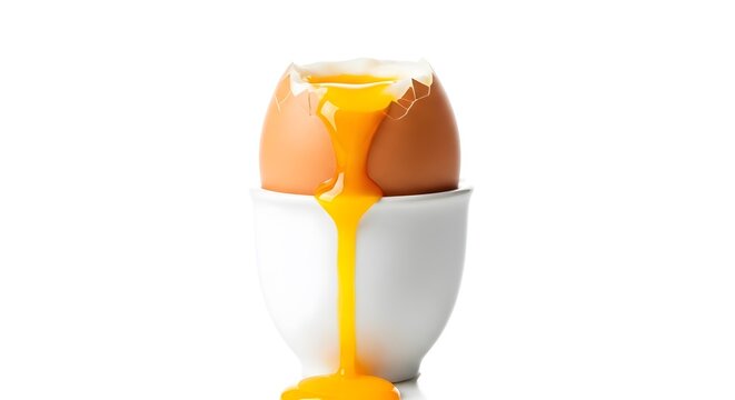 Perfectly softboiled egg in an egg cup, with runny yolk cascading down, showcasing a delicious breakfast treat
