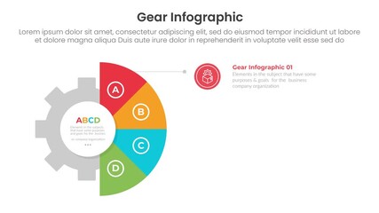 Gear shape infographic 4 point stage template with half gear slide from side with description appear with video animation