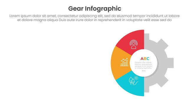 Gear shape infographic 3 point stage template with half gear on right column with arrow box container video animation