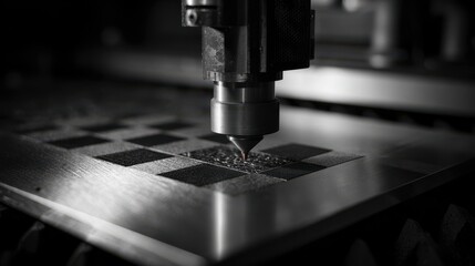 Eye-catching photo of laser engraving of a black and white checkered pattern on stainless steel, a laser etching machine in action, creating intricate designs with light beams.