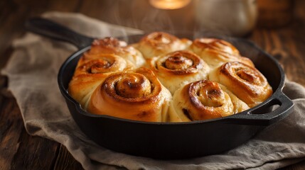 Fototapeta premium Cinnamon buns in a cast-iron pan, warm cozy atmosphere and rustic home-baking style, perfect for bakery advertising, food blogs or recipe book.