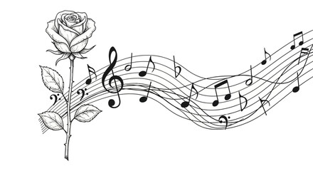 Rose and musical notes entwined in monochrome sketch, representing harmony and beauty