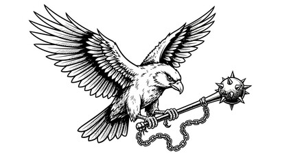 Obraz premium Eagle clutching a chained mace, a symbol of power and authority against a white backdrop