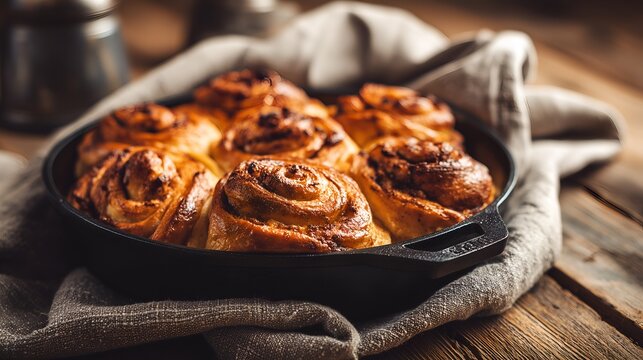 Freshly baked cinnamon buns in a cast-iron pan, warm cozy atmosphere and rustic home-baking style, perfect for bakery advertising, food blogs or recipe book.