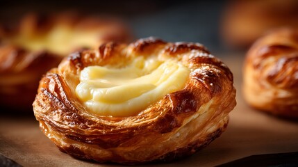 Danish pastry filled with creamy cheese, warm bakery tones and detailed texture. erfect for bakery advertising, food blogs or recipe book.