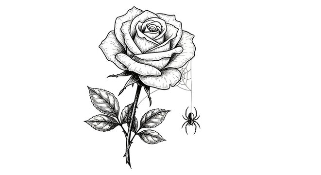Monochromatic rose elegance juxtaposed with a delicate spider descending on its web