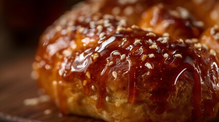 Close-up of sweet bun topped with shiny caramel glaze, detailed texture and warm tones. Perfect for bakery advertising, food blogs or recipe book.