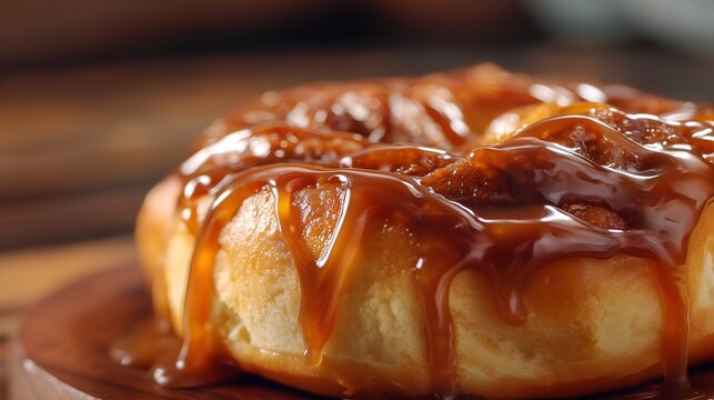 Close-up of sweet bun topped with shiny caramel glaze, detailed texture and warm appetizing tones. Perfect for bakery advertising, food blogs or recipe book.