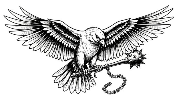 Eagle strikes with mace, vintage illustration of a powerful bird gripping a weapon in flight