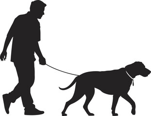 Silhouette of person walking dog on leash, outdoor pet exercise illustration showing companionship, daily walk routine animal care scene