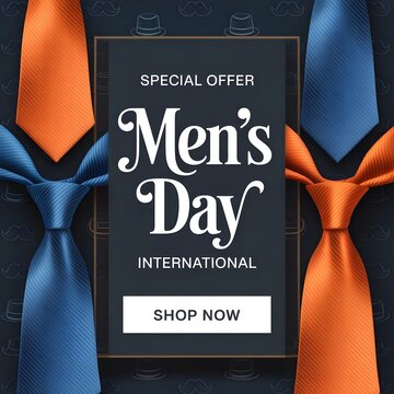 International Men's Day Special Offer Graphic: Blue and Orange Ties and Mustaches Promotion Banner for November 19th