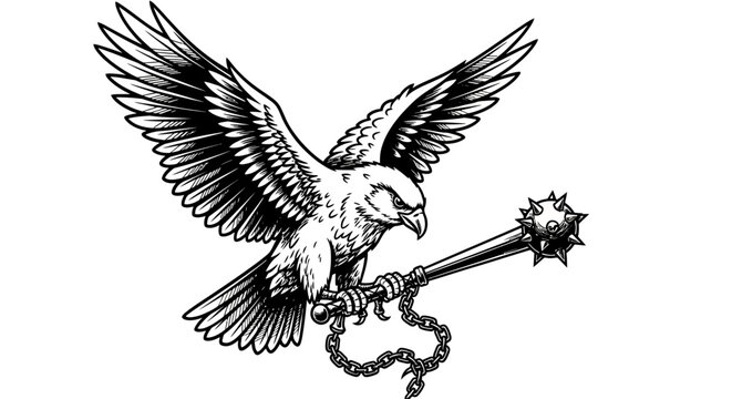 Majestic monochrome heraldic eagle clutching a spiked mace emblem illustration design