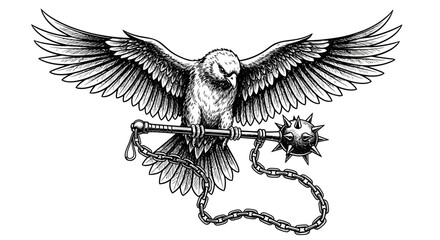 Fototapeta premium Sketch of an eagle bearing a spiky mace representing power and defiance symbolic illustration
