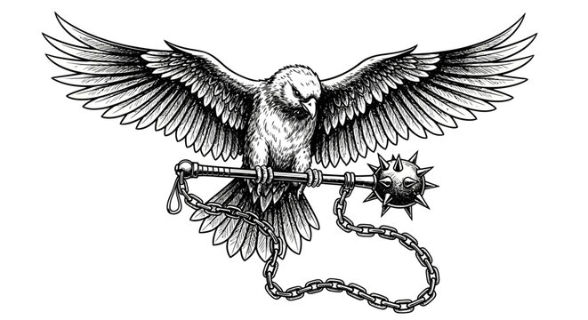 Sketch of an eagle bearing a spiky mace representing power and defiance symbolic illustration