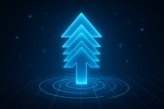 Futuristic 3D glowing layered arrows rising upward representing positive growth direction - Powered by Adobe