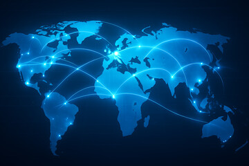 Futuristic Blue World Map With Glowing Communication Arcs Showing Global Connectivity