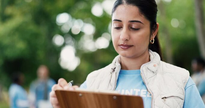Outdoor, volunteer or woman with clipboard, charity event or community service with schedule. NGO project, documents or person with planning, nonprofit sign up or inventory for donations or checklist