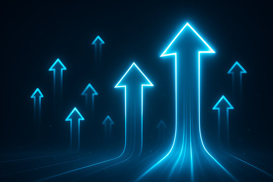 Futuristic blue neon arrows curving upward symbolizing financial success and digital growth