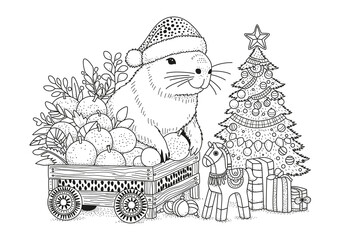 A cute capybara wearing a Santa hat sits in a wooden cart filled with tangerines. This coloring page is for children and adults. Black and white illustration for coloring.