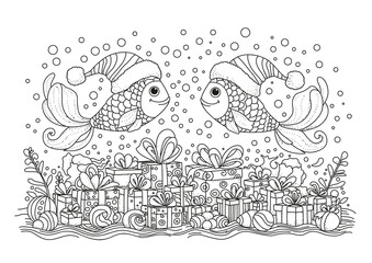 Two cute Christmas fish wearing Santa hats swim underwater above gift boxes. This coloring page is for kids and adults. Black and white illustration for coloring.