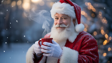 Santa claus holding a steaming mug of hot chocolate in a snowy forest