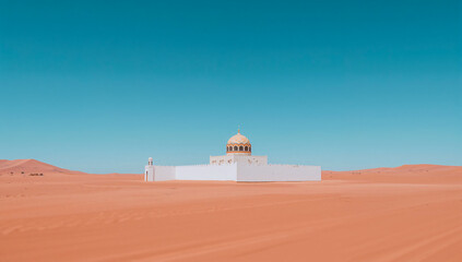desert mosque with a white facade and a golden dome under a clear blue sky