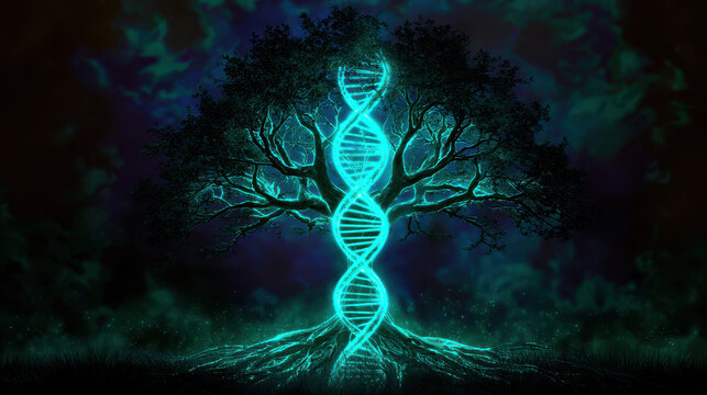 Glowing tree with DNA helix symbolizes connection between nature and genetic science, showcasing potential of crispr in de extinction