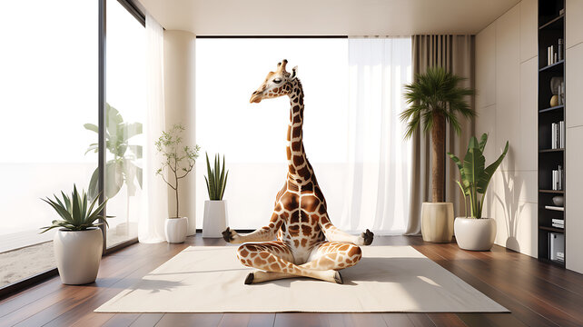 Unique giraffe statue in a modern sunlit living room with plants