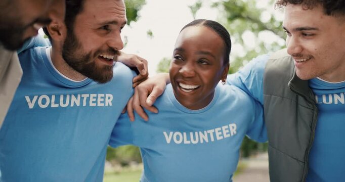 Volunteer, people outdoor or huddle with talk for NGO support, nonprofit service or outreach program. Happy, team and hug in park for charity work discussion, social responsibility and project goals.