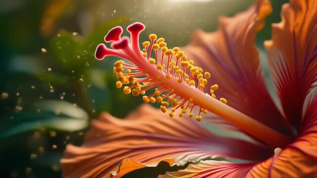 Hyper-realistic close-up of a hibiscus stamen moving slightly in the breeze
